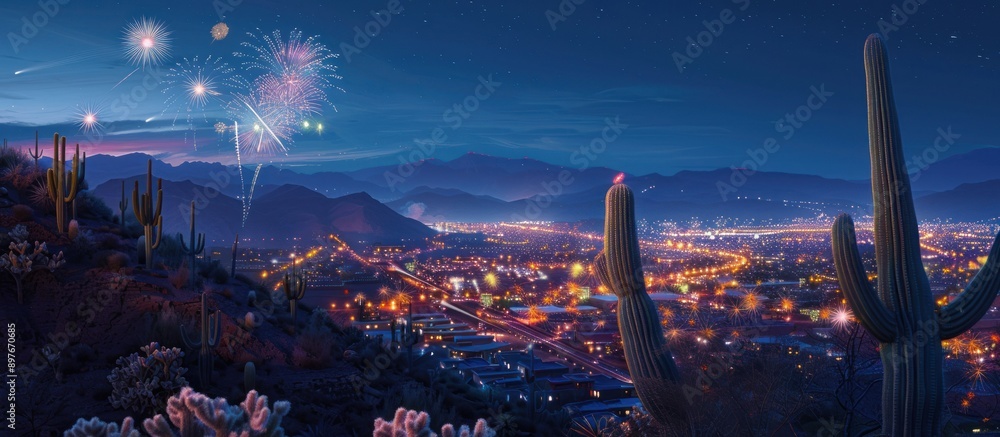 Poster a night scene of a city in the desert with fireworks exploding over the cityscape