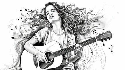 minimalistic black and white detailed ink blot art, chubby overweight young woman with wavy light brown hair plays acoustic guitar and sings with eyes closed,generative ai