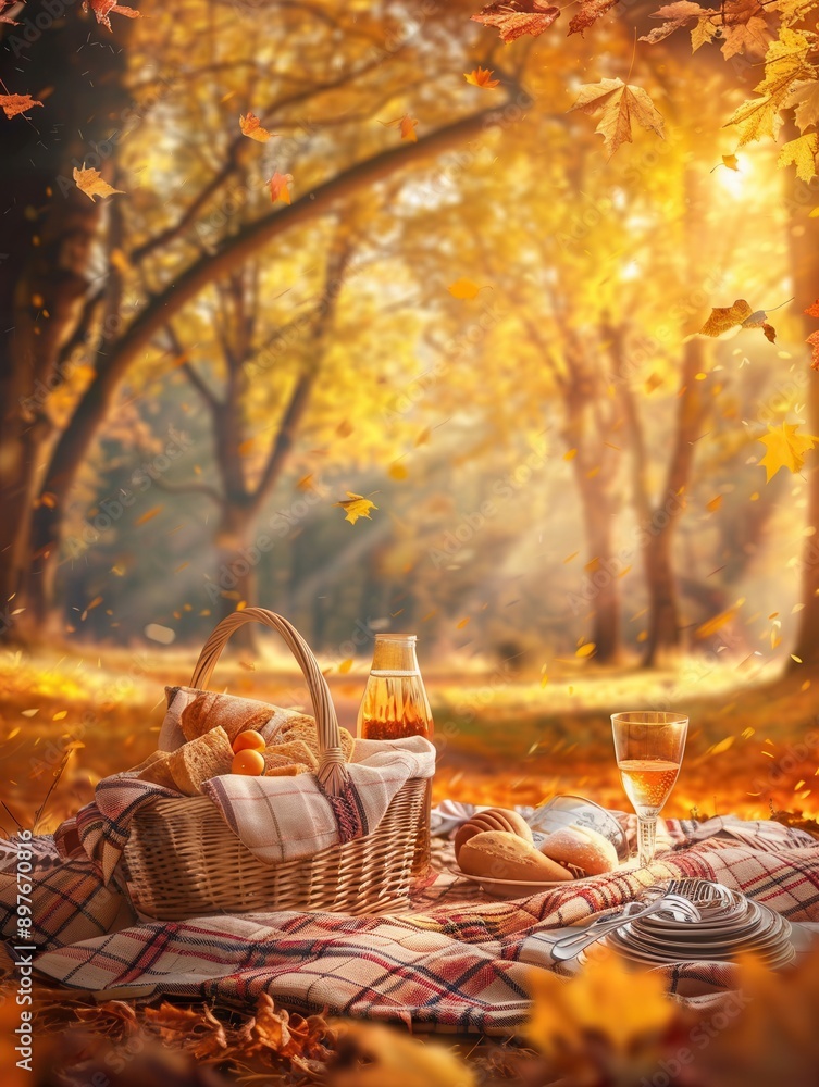 Poster a picnic blanket spread out on fallen autumn leaves in a golden forest. a wicker basket filled with 