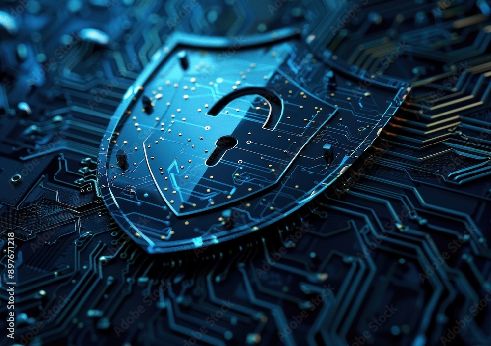Poster A closeup of a shield with a keyhole on a circuit board representing digital security