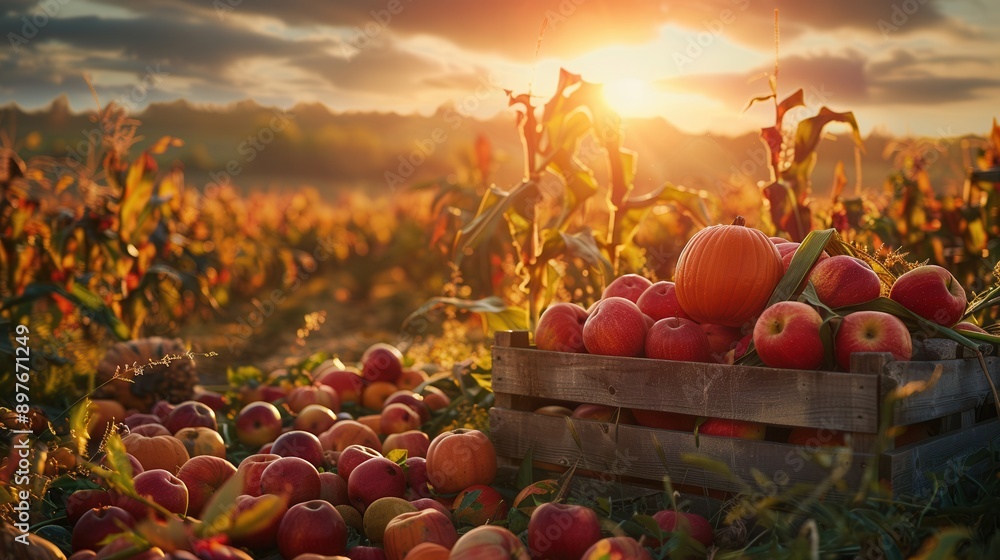Poster a wooden crate filled with ripe apples and a large pumpkin sits in a field of corn stalks at sunset.