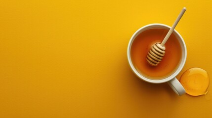 A cup of honey with a wooden dipper on a bright yellow background