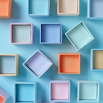 Multicolour paper gift boxes in the blue background, top view