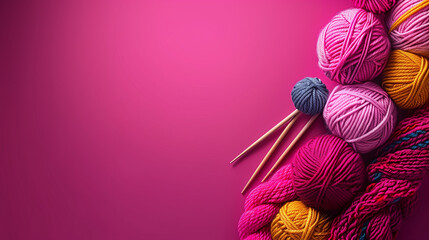 Multicolor yarn and knitting needles, isolated in bright pink. Yarn stores, knitting blogs and magazines background with copyspace