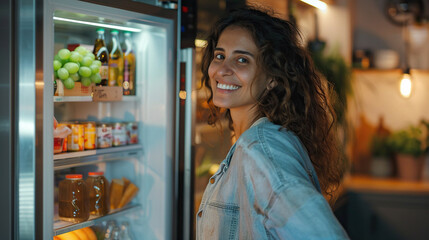Smiling person with white teeth checking the smart fridge inventory, with a sleek kitchen