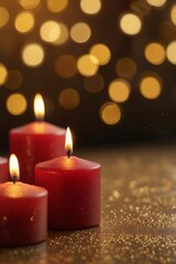 Burning red small candles on a golden background with blurred bokeh in the background. Holiday and romantic atmosphere