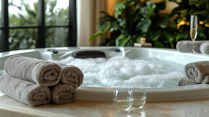 A telephoto angle photo of a jacuzzi in a luxury hotel suite, with plush towels and a glass of champagne on the side, with copy space