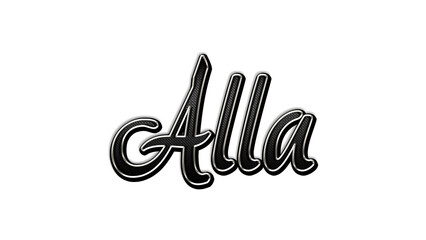 black metal 3d design of name Alla on white background.	