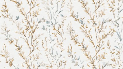 Seamless Abstract Watercolor Floral Pattern With Grey and Beige Leaves on White Background