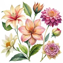 Flowers set of watercolor dahlias, lilies, datura flowers, and leaves