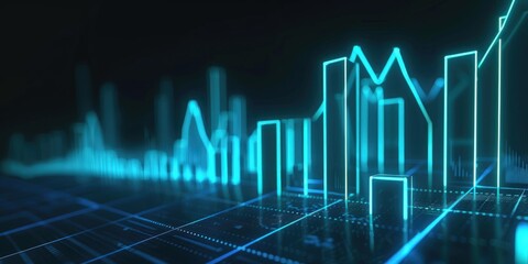 Neon cyan blue graph glowing on a dark backdrop, showcasing dynamic business success.