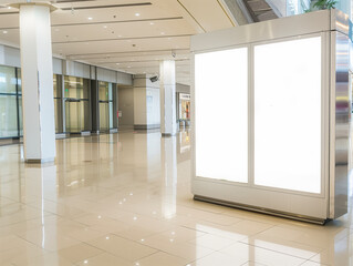 Fototapeta premium empty poster mockup in the large mall, white empty poster for copyspace, modern background,