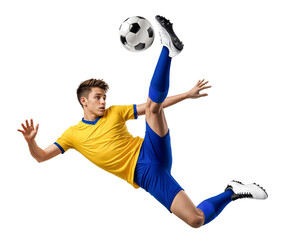 Action pose of a pro football player doing overhead bicycle kick midair
