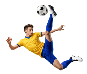 Action pose of a pro football player doing overhead bicycle kick midair