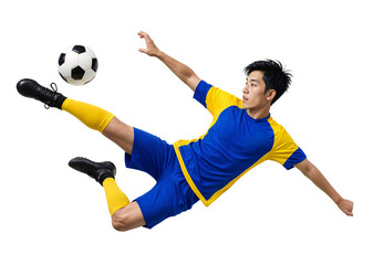 Asian football player doing action midair ball kick on isolated background