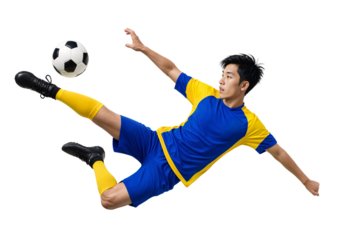 Asian football player doing action midair ball kick on isolated background