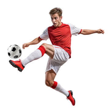 Fototapeta Professional soccer player doing midair kick on to the ball on isolated background