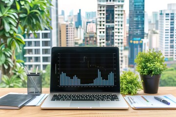 Laptop on wooden desk with business charts and urban view