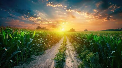 Obraz premium Corn Field Path. Beautiful Summer Landscape with Green Fields and Blue Sky