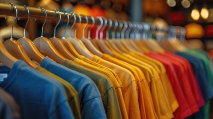 Naklejka premium plain t-shirts of all colors of rainbow hang on a hanger, store interior blur