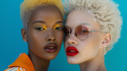 Obraz premium fashionable bright photograph of two African-American women, one of them an albino. both women have short blonde hair. black albino woman