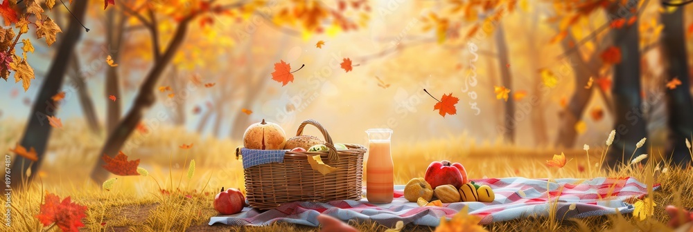 Poster a picnic basket filled with food and drinks sits on a blanket in a forest setting. golden leaves fal