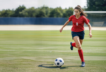Obraz premium Woman pro soccer player in active dribbling pose with blank empty spaces