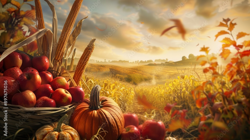Poster A basket overflowing with apples sits in a field of golden corn stalks with a large pumpkin and other fall fruits.
