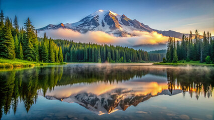 Majestic snow-capped Mount Rainier rises above lush green forests and serene Reflection Lake on a misty morning in Washington state's Mount Rainier National Park.