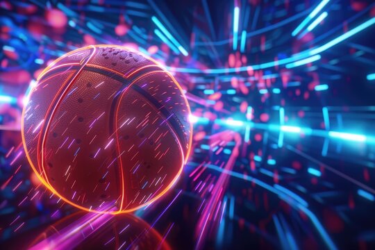 Digital Basketball. Futuristic 3D Illustration of Basketball in Artistic Sports Concept