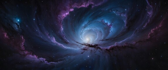 A stunning, vibrant galaxy background featuring swirling clouds of iridescent blue and purple gas, illuminated by a multitude of twinkling stars that gradate in size and intensity, set against a deep,
