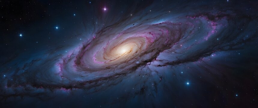 A stunning, vibrant galaxy background featuring swirling clouds of iridescent blue and purple gas, illuminated by a multitude of twinkling stars that gradate in size and intensity, set against a deep,