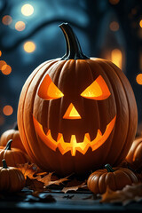 Fototapeta premium Large, orange pumpkin with a carved jack-o'-lantern face sitting near of several other pumpkins, all set against a backdrop of autumn leaves and twilight sky.