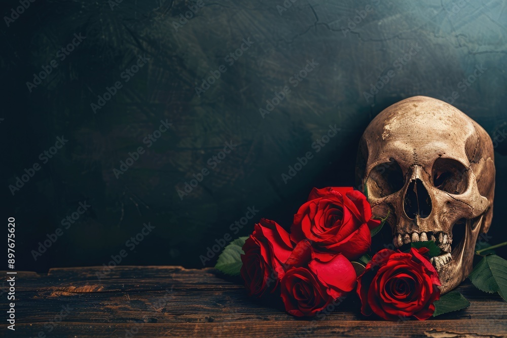 Wall mural Horror Valentine. Red Roses Surrounding Human Skull on Dark Background