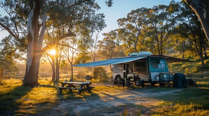 Obraz premium Campsite in the middle of the day with a camper trailer awnings out