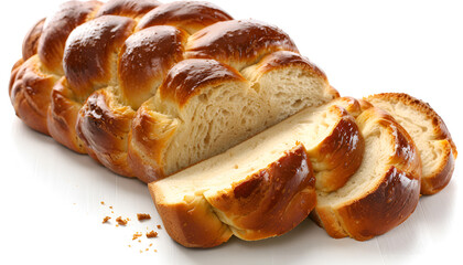 Cut homemade braided bread isolated on white. Traditional Shabbat challah