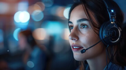 A woman with headphones and a microphone looks intently at a screen, her focus evident in her eyes.  The background is blurred, highlighting her concentration.