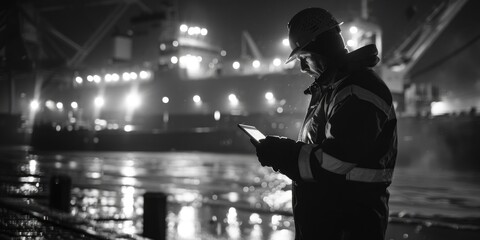 Workers wearing hard hats and protective clothing, inspecting equipment on a construction site at night during rain.