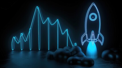 Neon indigo graph and rocket glowing on a black background, representing modern business growth.
