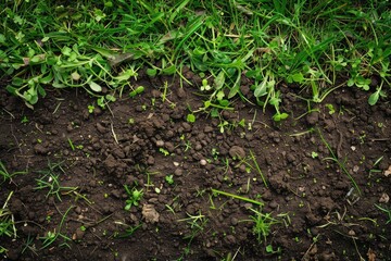 Obraz premium Soil Mulch. Top View of Green Lawn Soil Background with Closeup of Grass