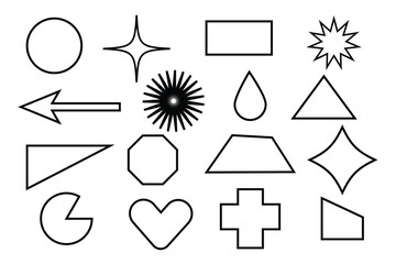 Abstract and vector basic shapes collection. Geometric formal shape. Polygonal elements. Trendy minimalist basic figure, diamond, circles, hexagon, star, triangle flat style. Vector illustration.