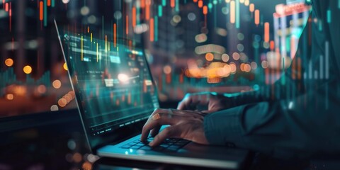 A trader working on a laptop at night, analyzing stock market data and financial news.