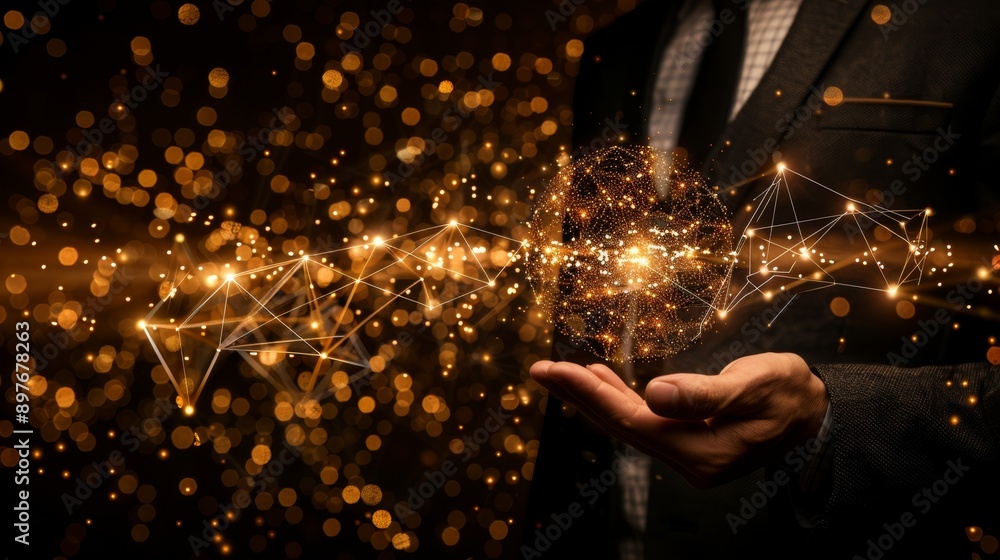 Poster businessman holding global network and data exchange on bokeh background