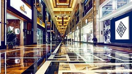 empty poster mockup in the large mall, white empty poster for copyspace, modern background,