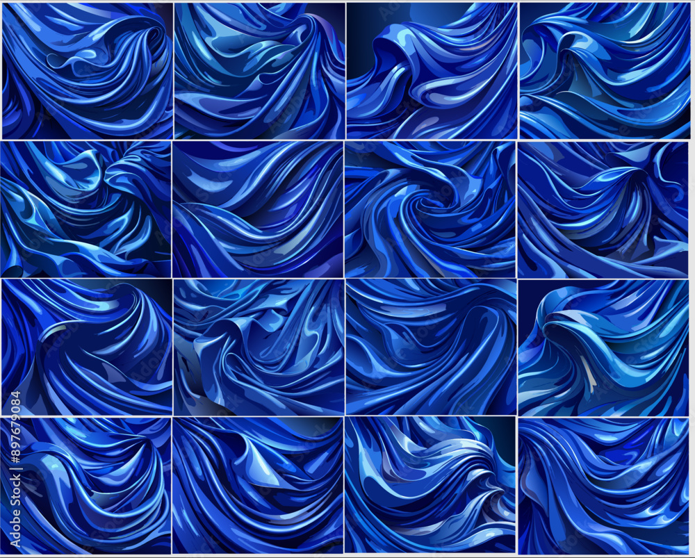 Poster set vectors dynamic flowing blue fabric textures draped layers movement patterns