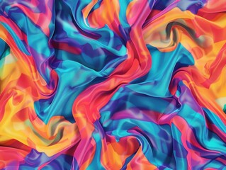 Vibrant tapestry of fabric swirls in hues of blue, yellow and pink. Abstract wavy design for clothing, wall art or textiles.