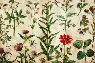 Exquisite ancient botanical art featuring medicinal plants in historical style