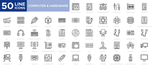 Computer & Hardware icon set RAM memory, hdd ssd cpu processor. Keyboard mouse headphone speakers, laptop monitor server. Webcam printer scanner icon