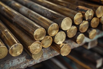 Bronze Bars: Large-Sized Round Alloy Bars on Shelf, Close-Up View