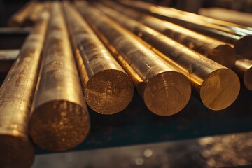 Bronze Bars. Close-up of Large Round Bars on Shelf with Footed Construction Design